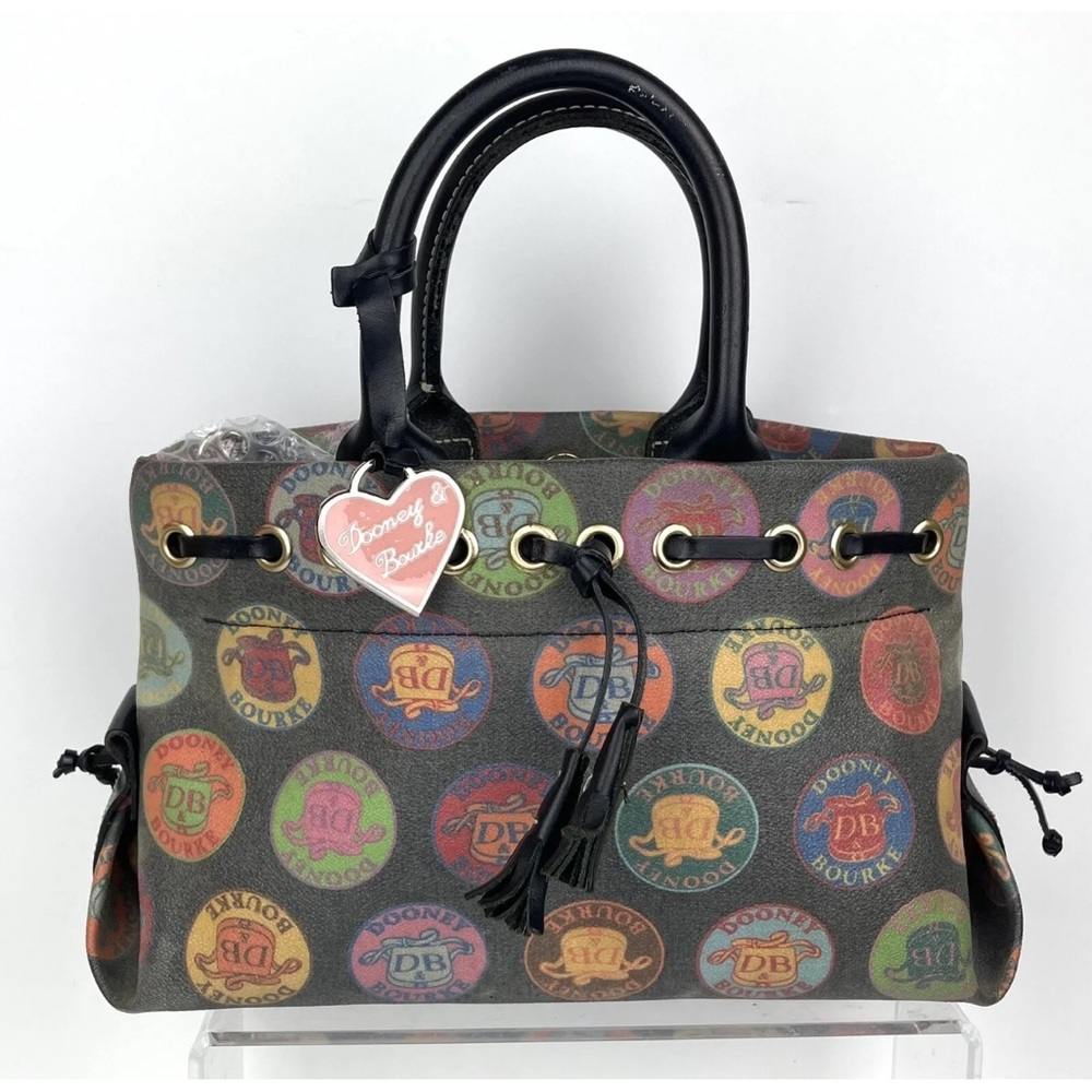 RARE Vintage Y2K Dooney Bourke Tassel Tote Coated Canvas Leather Logo Print